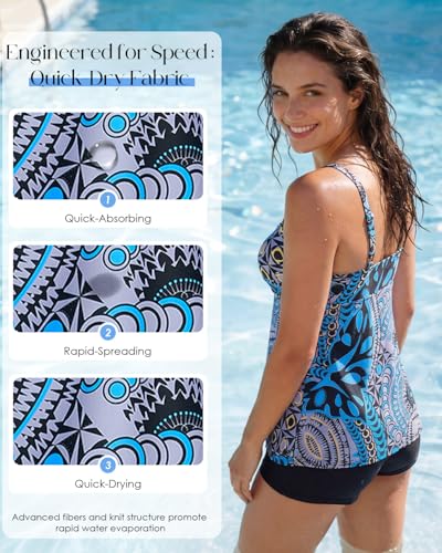 Image of Century Star 2026 Modest Tankini Swimsuits for Women | Tummy Control Two Piece Bathing Suit | Tops with High Waisted Shorts A 02 Blue Printing 16-18