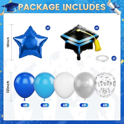 Image of Blue Silver Graduation Balloons, Royal Light Blue Silver White Confetti Balloons, Cap Star Grad Foil Balloon for 2026 Graduation Decorations Celebration Party Supplies