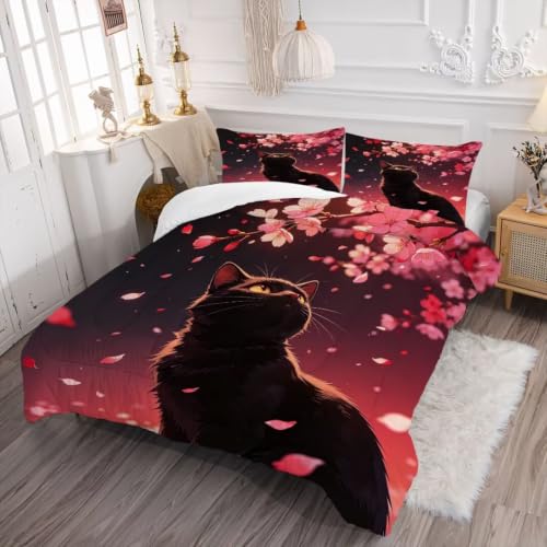 Image of Cat Cherry Blossom Comforter Set Full Size Floral Print Bedding Set | Romantic Red Gradient Sky Sakura Bedding Set for Women Girls, 3 Pieces Soft Washable All Season Bed Set for Bedroom Decor
