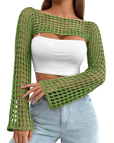 Image of Womens Crochet Crop Tops Y2k Knit Shrug Sweater Hollow Out Long Sleeve Bikini See Through Cover Ups