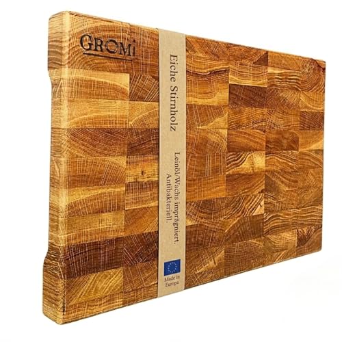 Schneidebrett Holz | 3 5 cm stark Premium Eiche - Holzbrett Küche - Holzschneidebrett aus europäischer Manufaktur & plastikfrei - Natur Leinöl & Bienenwachs & Anti-Rutsch Füße | 37x26x3 5 cm | GROMI