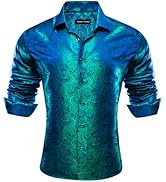 Barry.Wang Men Dress Shirts Paisley 70s Disco Shirt Button Down Silk Long Sleeve Tops for Wedding...