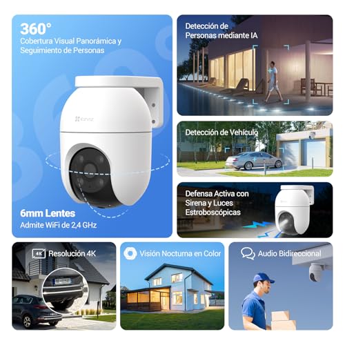 Protege tu casa con la cámara EZVIZ 4K exterior. Detección IA de personas y vehículos para alertas precisas. Seguimiento automático y visión nocturna a color garantizan seguridad total. Controla todo desde tu móvil con Alexa o Google.