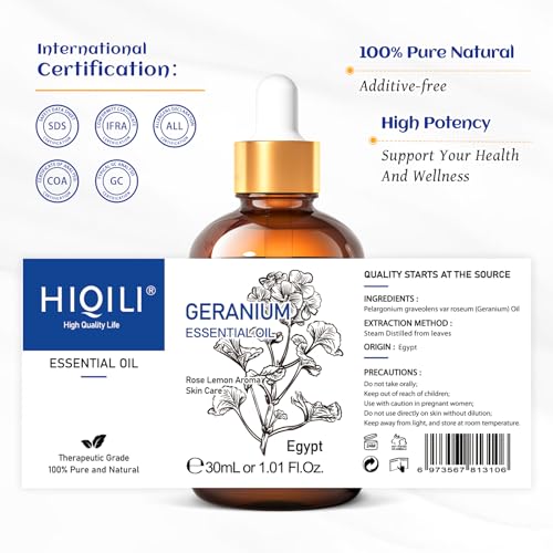 Image of HIQILI 30ML Geranium Essential Oil， for Skin, Diffuser & Candle, 100% Pure and Natural - 1.01 Fl.Oz