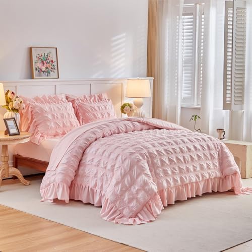 Flysheep Blush Pink Plaid Seersucker Duvet Cover Set with Wide Ru...