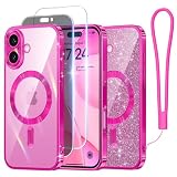 Meifigno Case Designed for iPhone 16, [Compatible with MagSafe] [1X HD+1X Privacy Screen Protectors] [Glitter Card &Wrist Strap] Surround Lens Protection Designed for iPhone 16 Case, Hot Pink