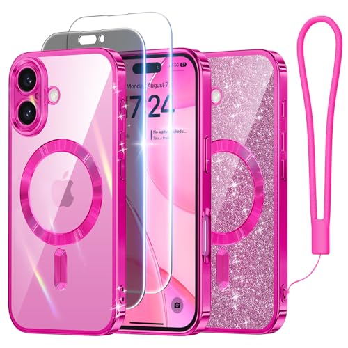 Meifigno Designed for iPhone 16 Plus Case 6.7’’, [Compatible with MagSafe] [1X HD+1X Privacy Screen Protectors] [Glitter Card & Wrist Strap] Surround Lens Protection for iPhone 16 Plus Case, Hot Pink by Meifigno - Used condition - US$5.02