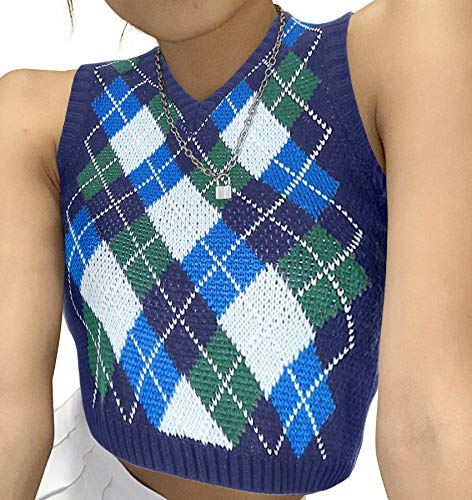 Womens V Neck Sweater Vest Argyle Plaid Crop Sweaters Sleeveless Knitted Preppy Style Tank Tops Blue Small