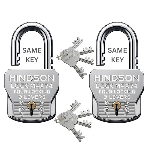 Image of Hindson Lock Max 74 Heavy Duty Padlock Set, 74mm, Silver, 4 Locking Technology, 9 Lever Mechanism, 2 Locks with 8 Same Keys, 610g