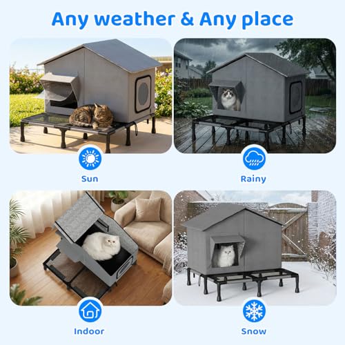 LitaiL Katzenhaus Outdoor, Wasserdicht Katzenhöhle mit abnehmbarem transparenten Vorhang, Faltbare warme Tierhütte leicht & platzsparend, für Katzen, Welpen und Kaninchen