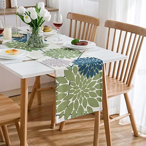 Tischläufer Grün Tischläufer Frühling Modern 40x140 Leinen Tischläufer Grün Blau Grau Geometrische Blumen Abstrakte Dahlie Blumen Tischläufer Abwaschbar für Esszimmer Party Urlaub Dekoration Cover