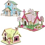 HAUZMLL 3 piezas rompecabezas 3D de madera estilo casa maquetas para decoración, rompecabezas de madera DIY maquetas, manualidades regalos para hombres y mujeres