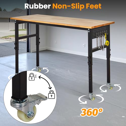Image of 48 inch Adjustable Workbench, 8-Level Height Adjustable Rolling Work Table with Casters & Scale, Sit & Stand 2-in-1 Garage Tool Table with Pegboard & Hooks, for Workshop, Warehouse, DIY Projects
