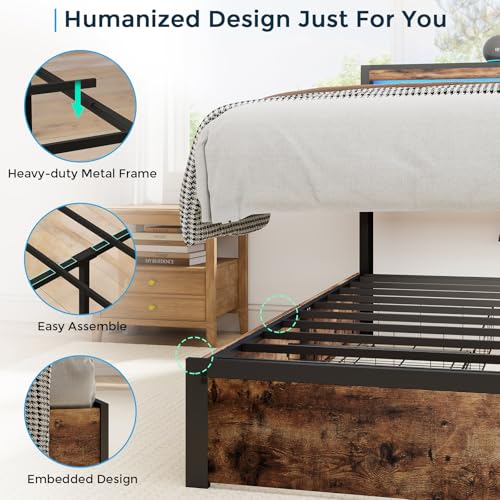 Image of King Size Bed Frame with 4 Storage Drawers, King Bed Frame,, Vintage Brown | LED Light, Charging Station, Wood Headboard, Metal Platform, No Box Spring Needed, Noise Free, Easy Assembly