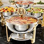WARMOUNTS 4 Pack Chafing Dish Buffet Gold & Silver with Glass Lid 5L Set, Round Food Warmer for Catering Buffet with Lid Holder, Mirror-Polished Rolled-Rim Food-Grade Stainless Steel Chafer for Party