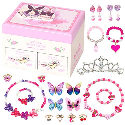 Elesa Miracle Little Girl Kids Wood Jewelry Box and Girl Princess Jewelry Dress Up Accessories Toy Playset Set