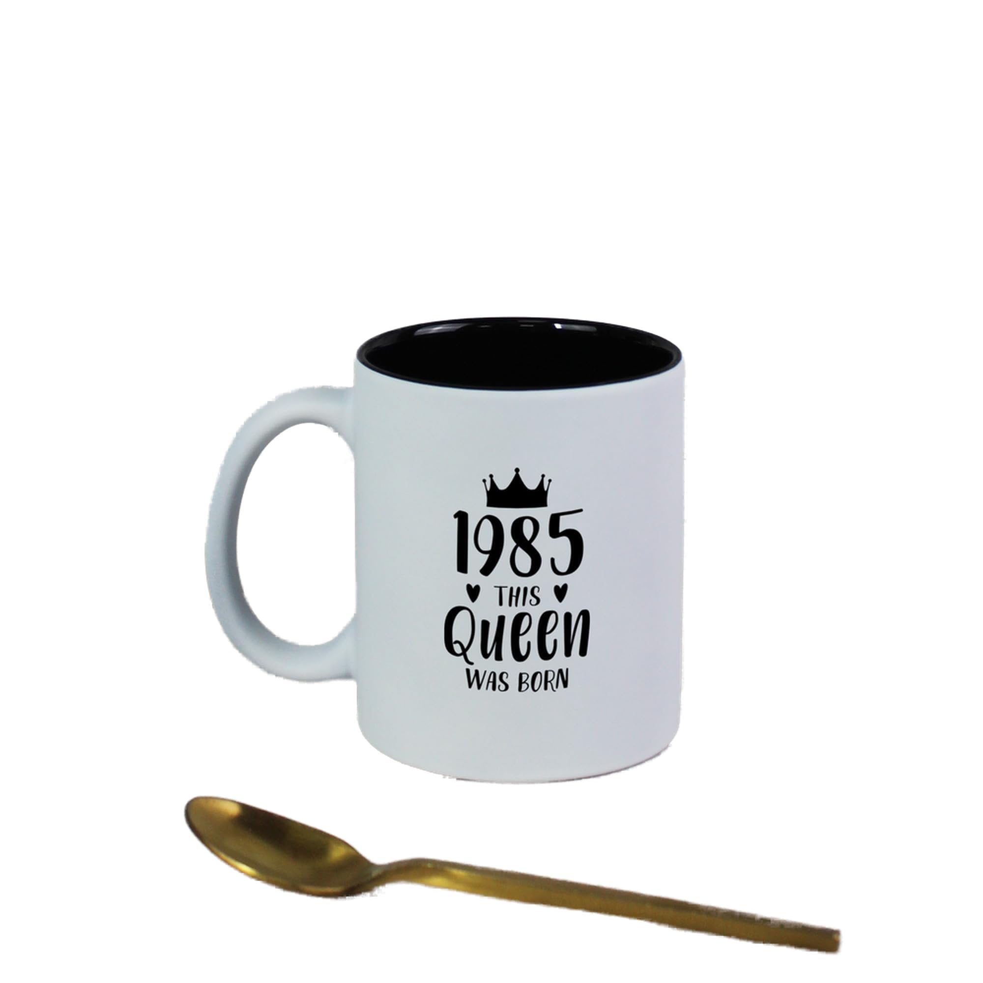 eBuyGB Engraved 1985 This Queen was Born White Black Coffee Mug, 40th Milestone Birthday Gift for Women, Fortieth Gift for Her, 350 ml