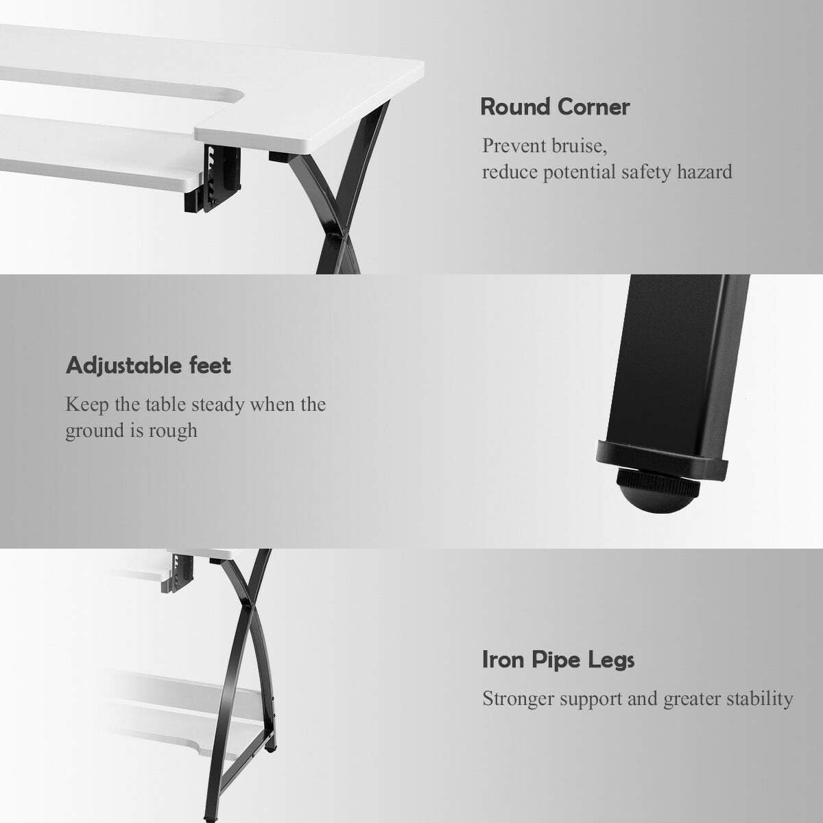 Close-up of table features: round corner, adjustable feet, and iron pipe legs