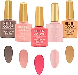 HELEN COLOR Kit Esmalte em Gel UV/LED, 5 Cores Nude e Rosa, Soak Off, 10ml cada, Para Unhas Manicure