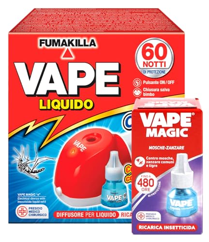Vape Liquido Diffusore Elettrico con Ricarica Liquida da 60 Notti per Zanzare Comuni e Tigre + Vape Liquido Ricarica Giorno Notte Repellente Mosche Zanzare da 480h Presidio Medico Chirurgico