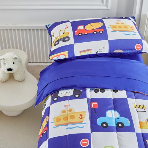 Image of White Navy Toddler Bedding Set for Boys Girls Colorful Cars Vehicle Auto Fire Engine Bulldozer 4PC Toddler Bed Set - Soft Cute Toddler Plaid Patchwork Bed in a Bag with Sheet Set and Pillow Shams