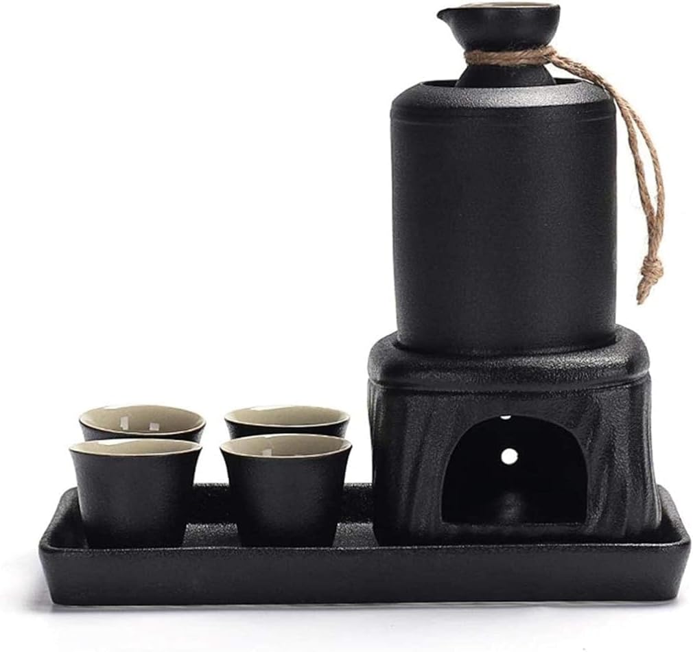 Japanese Sake Cup Set 8-Piece with Tray and Warming, Black Ceramic Wine Glass Set, Quaint Texture for Warm/Cold Sake Service Sake Pot Set