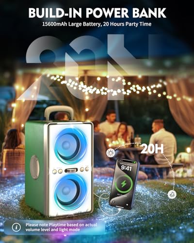 Image of YIER Bluetooth Speaker, 240W Peak Loud Party Speaker with Big Bass, 20H Playtime, TWS, BT5.3, Large Portable Wireless Boom Box with LED Light for Outdoor Backyard Beach Home (Leather Green)