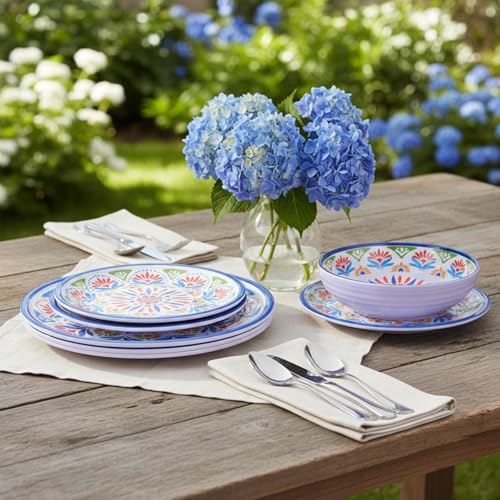 Image of Dinnerware Set 12Pcs Melamine Plates and Bowls (Blue Flower) | Wedding Gift,Parties,Home,Service,Durable,Floral Pattern,Tableware Dinner, Salad Dessert Plates,Housewarming