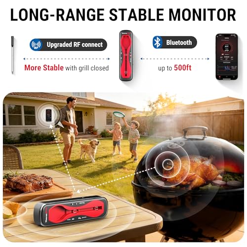 Image of ThermoPro Wireless Meat Thermometer for Grilling and Smoking, Bluetooth Meat Thermometer Digital Wireless for Rotisserie Sous Vide BBQ, Smoker Thermometer, Red, Gift for Dad Him Husband
