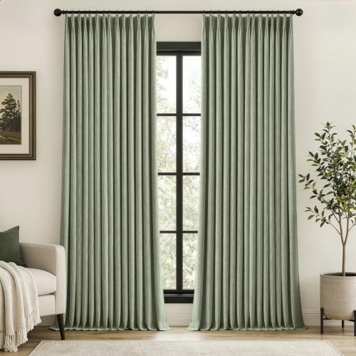 MIULEE Sage Green Pinch Pleated 100% Blackout Linen Curtains 40x84 Inches