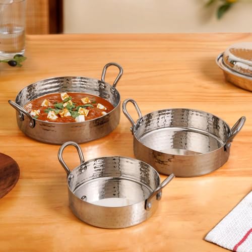 Image of Nestasia Stainless Steel Round Serving Dishes Set of 3 (480ml, 700ml, 1000ml) - Hammered Flat-Base Steel Serving Bowl with Dual Handles | Rust, Stain & Scratch Resistant Serveware with Glossy Finish