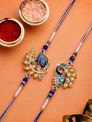 Image of Sukkhi Rakhi Beautiful Floral Design Purple Meenakari Work with AD Stones & Pearls Combo Rakhi for Brother with Roli Chawal & Greeting Card|Quirky Rakshabandhan Rakhi for Bhaiya|Set of 2