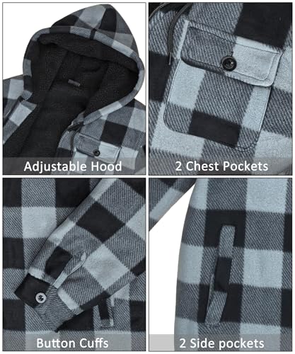 Image of Men's Flannel Jacket Hoodie Full Zip Up Plaid Thick Fleece Sherpa Lined Sweatshirt Winter Warm Coats
