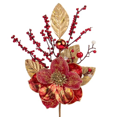 2 ramos de flores grandes de Navidad de 18 pulgadas con purpurina, arreglos florales de magolia artificial roja con bayas realistas, hojas y bolas para decoración de árboles, decoración del hogar,