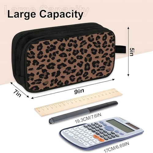 Image of WOBAGMEN Double Layer Pencil Case with Handle Large Pencil Bag Cute Print Pencil Pouch for Boys Girls (Brown Leopard)