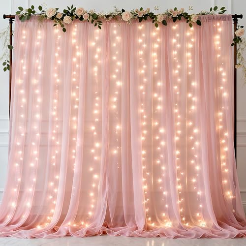 Ledido 4 Pack 10×8ft Pink Tulle Backdrop Curtains with Lights