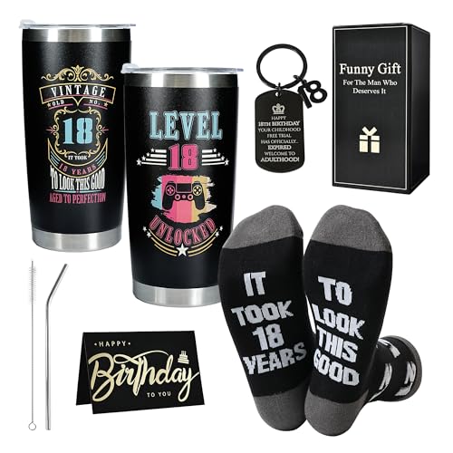 Merclix 18th Birthday Gifts for Boys Keepsake Gift Set Funny Sock 9-11 Keyring Card Mug with Straw 18th Birthday Gifts for Him Son Grandson Nephew Brother Ideas