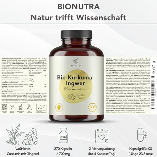 Foto von BIONUTRA Bio Kurkuma Ingwer Kapseln mit Pfeffer & Chili, 270 Stk. à 700 mg