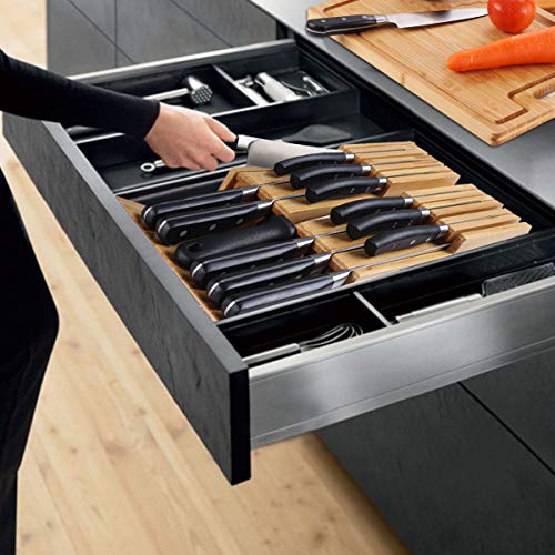 Image of NIUXX Bamboo In-Drawer Knife Block Set for 12 Knives(Not Included) | Large Kitchen Detachable Washable Cutlery Slot Organizer Storage Holder for Sharpening Steel and Cutter