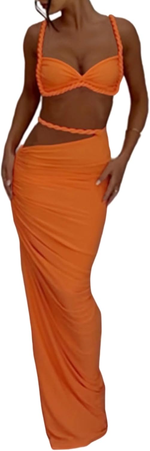 SHINFY Womens Summer Two Piece Maxi Skirt Sets Sexy Corset Top Ruched Long Skirt Beach Dress 2 Piece Club Outfits