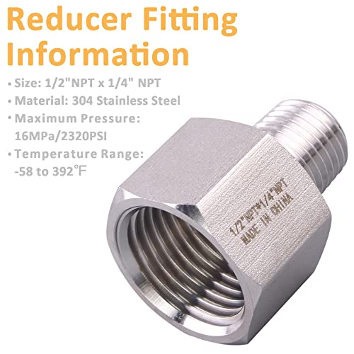 Image of Forged Reducer Adapter Fitting - Stainless Steel 304 Reducing Pipe Connector, 1 /2 inch NPT Female x 1 /4 inch NPT Male (pack of 2)