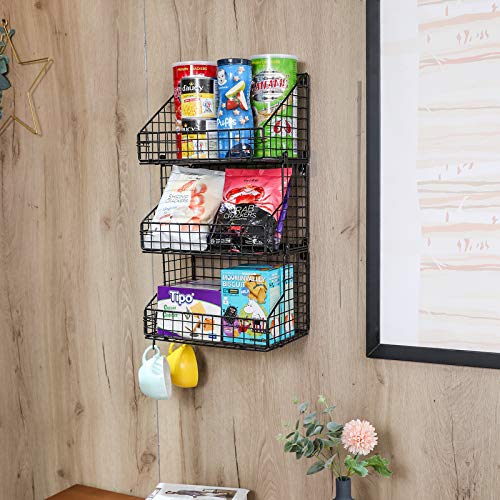 X-Cosrack 3 Tier Stackable Tea Bag Organizer Large Size With 5 Hooks Metal Wire Basket Coffee Snack Rack Holder Countertop Caddy Bin Wall Mount Shelf For Office Kitchen Cabinet Pantry Patent Desgin, 11.8X7.8X22 Inch #TOP2