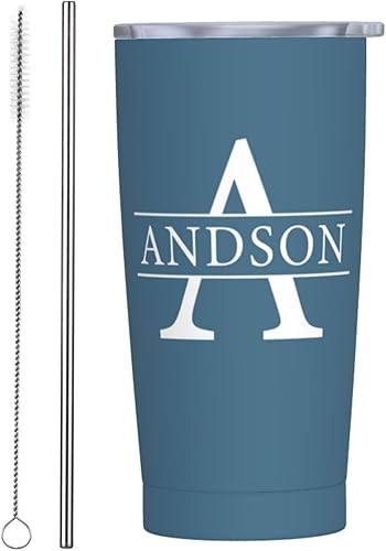 Miniatura 8 de Vasos personalizados con nombre personalizado con tapa y pajita, taza de café de acero inoxidable con aislamiento al vacío, 20 onzas