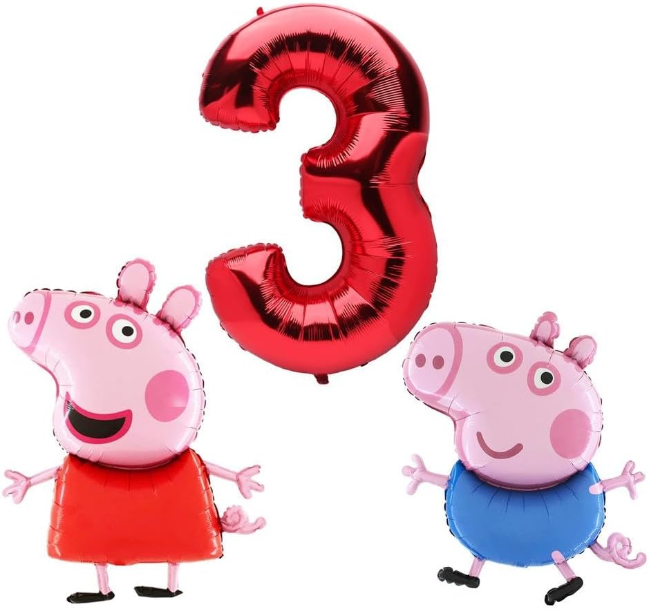 Peppa & George Pig Foil Balloon Pack - 2 x 37" Character Shape Balloons & 1 x 40" Number Balloon - Kids Party Decorations