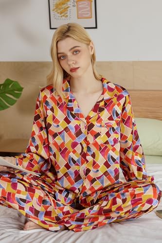 Image of YiNi LuLu Womens Silk Satin Pajamas Set Button Down 2 Piece Pjs Long Sleeve Oversized Sleepwear with Pockets