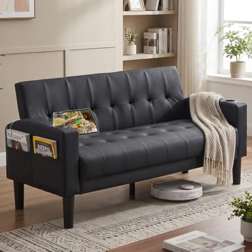 Image of GRAVFORCE Sofa 2 Seater Comfy Upholstered Loveseat Sofa with Cup Holder Pocket Storage Small Sofas for Living Room Bedroom Office Black