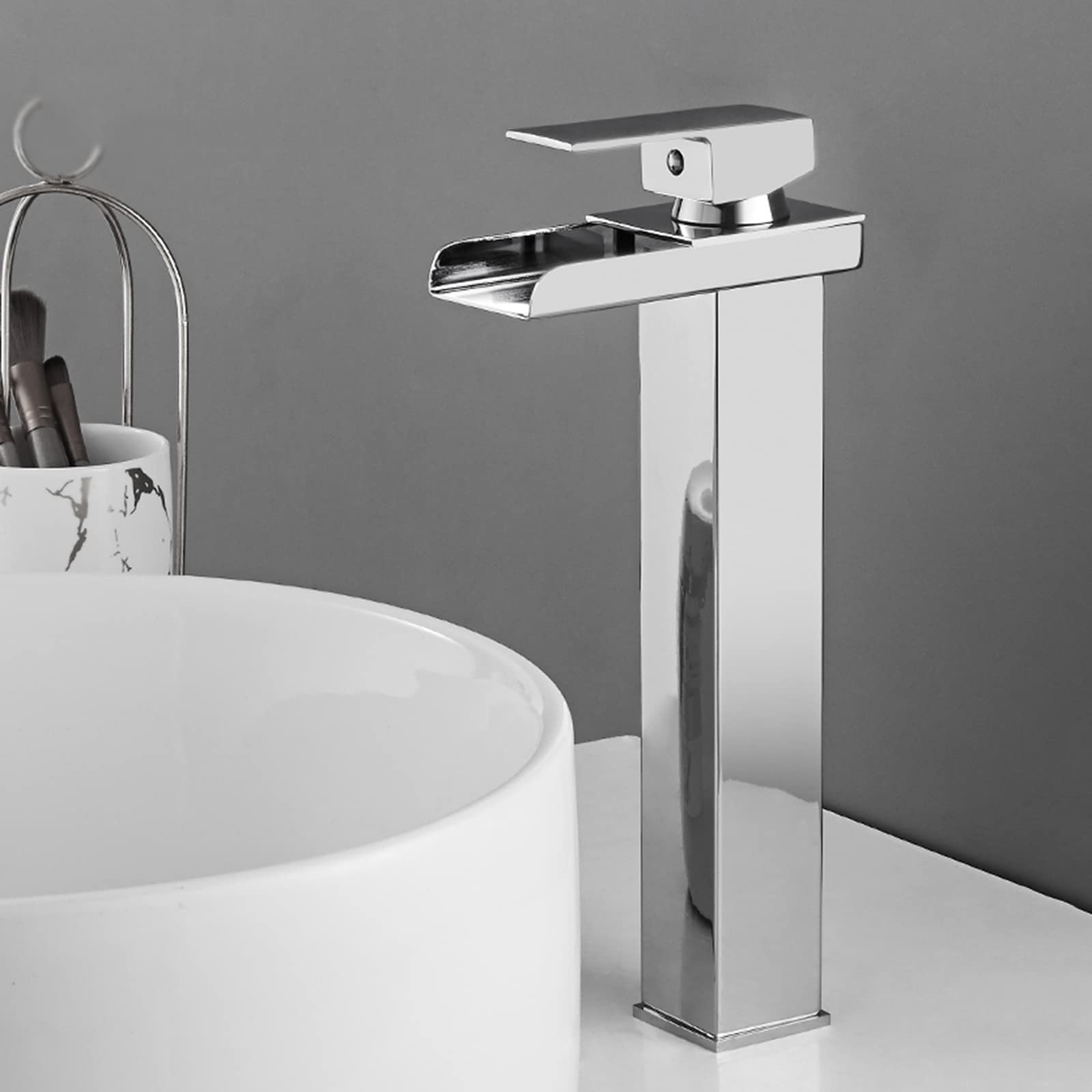 HCFYAUIS Waterfall Taps for Bathroom Sink, G1/2 Splashless High Rise Basin Mixer Tap, Brass Basin Taps for Countertop Sink with Ceramic Valve,Chrome