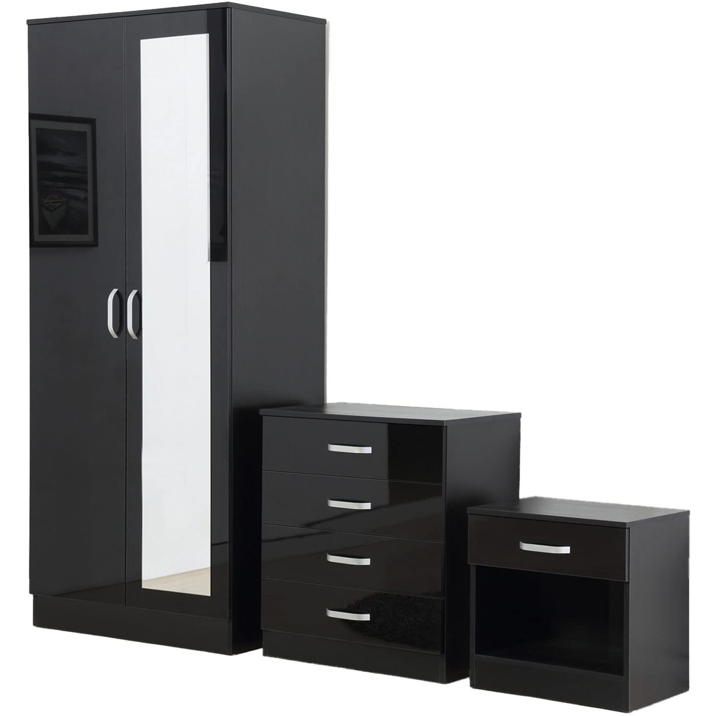 AFN Gladini Bedroom Furniture Sets for Bedroom Storage High Gloss Home Closet 2 Door Wardrobe with Mirror and 4 Drawer Chest and Bedside Cabinet (Black)