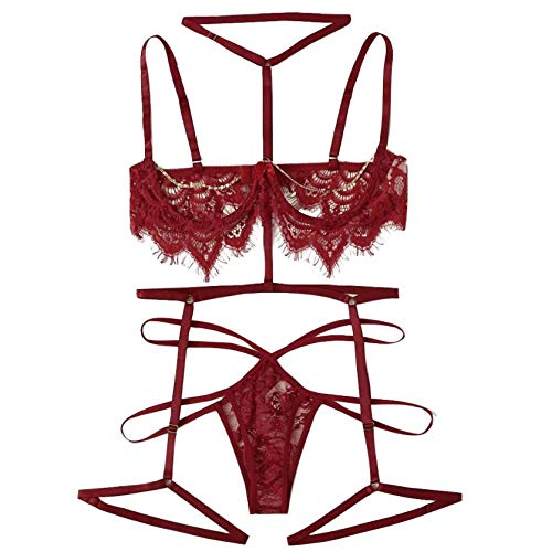 Lingerie sexy femmes en dentelle rouge bordeaux ensemble 3 pièces avec soutien-gorge et g-string M