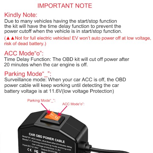 Image of Gebildet Dash Cam OBD Hardwire Kit, Micro USB Hardwire Kit with OBD Power Cable for Dashcam 12-24V to 5V /3A with Low Voltage Protection 24h Parking Surveillance /Acc Mode for Dashcam, GPS or Radar